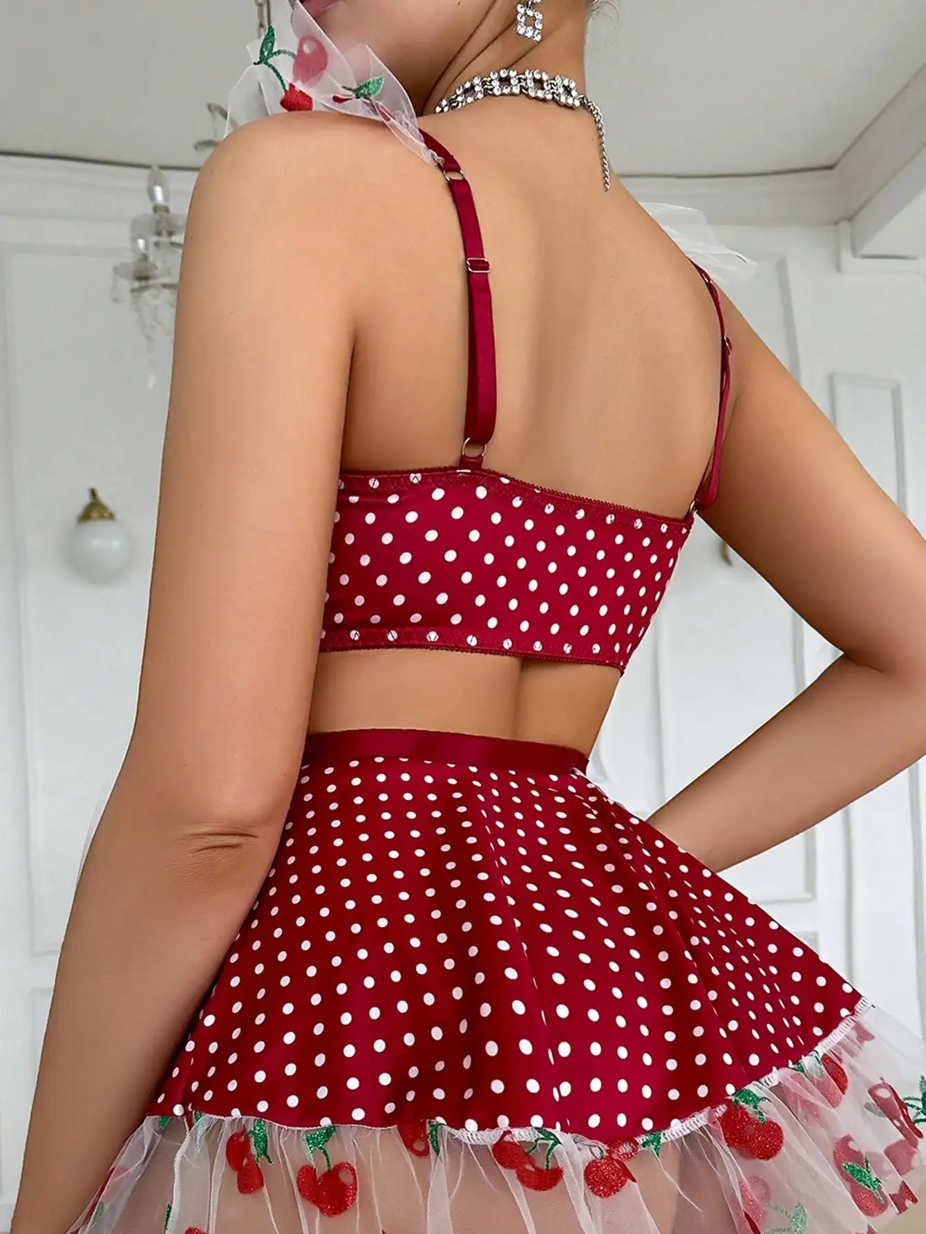 Ellolace Erotic Lingerie 3-Piece Ruffled Polka Dot Lace Sexy Outfit Cherry Sweet Girl Romantic Skirt Thongs Fancy Onlyfans Kit