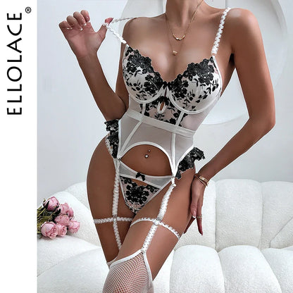 Ellolace Erotic Sexy Lingerie With Stocking Romantic Floral Women's Underwear Bra Bilizna Set Lace Attractive Onlyfans Outfits
