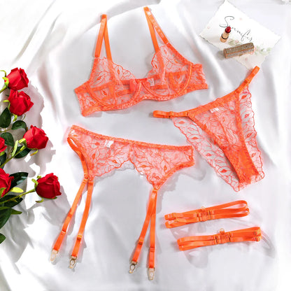 Ellolace Fancy Erotic Lingerie Neon Orange Lace Well-Looking Underwear Desire Hot Girl Fantasy Sexys Naked Bilizna Set Of Sex