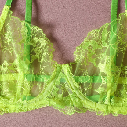 Neon Green Fancy Lingerie  Luxury Transparent Bra Intimate Push Lace  Women Without Censorship Underwear