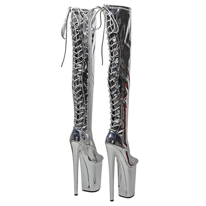23CM/9inches Shiny PU  upper y boots  Small Open Toe Silver  electroplate High Heels Platform Pole Dance shoes