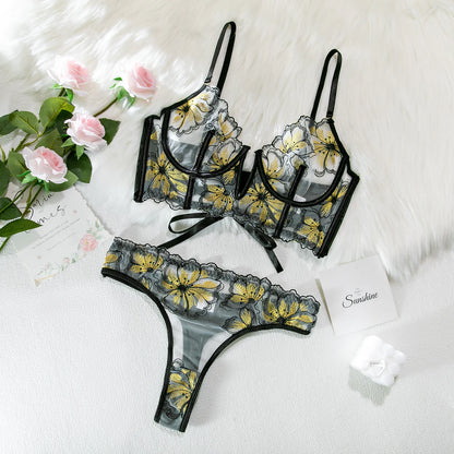 Fancy Lingerie Floral  Underwear Luxury Lace Deep-V Bra Set Women 2 Piece Transparent Sheer Bilizna Set Of