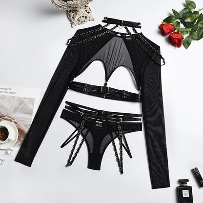 Ellolace Sexy Lingerie Cut Out Top Sheer Lace Transparent Exotic t-Shirts Gothic Sensual Accessories 4-Piece Garter Belt Outfits