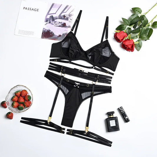 Ellolace Sensual Lingerie Women's Underwear Set Lace Delicate Erotic Bilizna Brief Sets Garters Transparent Seamless Sexy Outfit