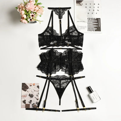 Lace Lingerie Seamless Underwear Halter Bra Panty Set Garter Thongs 6-Piece See Through Sensual  Intimate