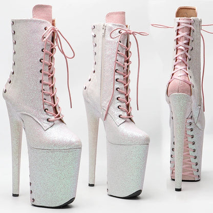 23CM/9inches   White color  mix pink color Glitter  PU  Pole dancing platform Pole Dance boots