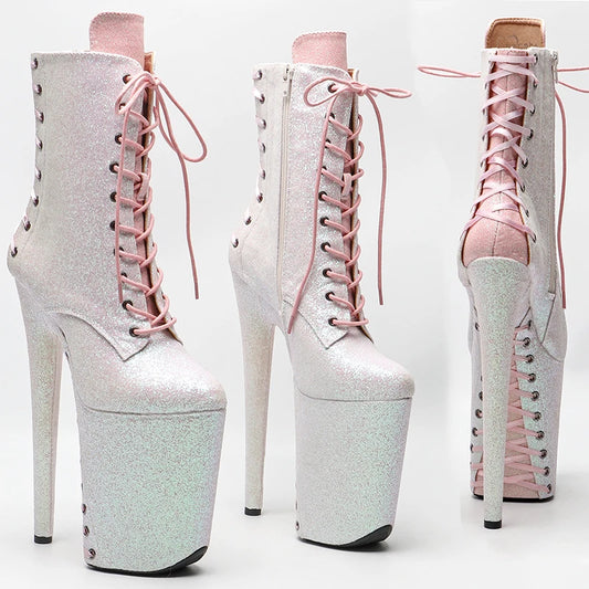 23CM/9inches   White color  mix pink color Glitter  PU  Pole dancing platform Pole Dance boots