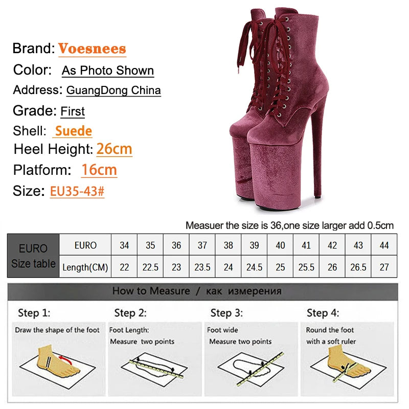 Sexy Ankle Boots 26cm 10Inches Women Exotic Pole Dance Shoes Platform Fashion Flannel Lace Up Nightclub Stripper Heels