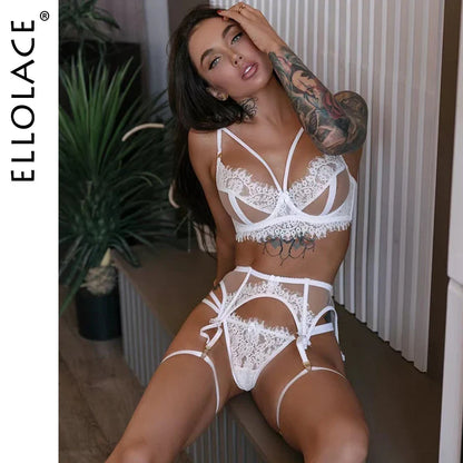 Ellolace Lingerie Lace Erotic Underwear 4-Pieces White Sexy Lingery Women Transparent Bra Panty Set Fancy Luxury Exotic Sets