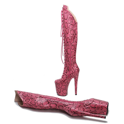 20CM/8inches Snake skin Upper exy exotic young trend fashion  boots High Heel   platform Pole Dance boot