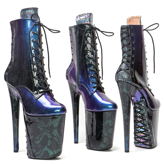 23CM/9inches shinny Snakeskin material lace up sole and upper   High Heels Pole Dance boot