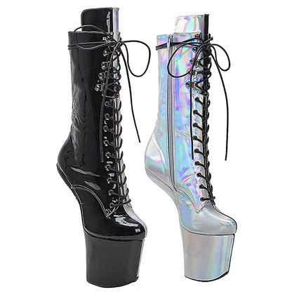shinny   Black with silver  PU Upper  Platform Ankle Boots y Exotic heelless pole dance shoes