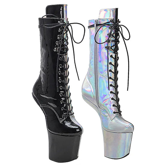 shinny   Black with silver  PU Upper  Platform Ankle Boots y Exotic heelless pole dance shoes