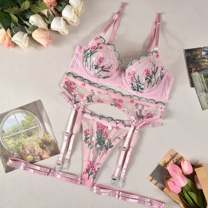 Fairy Lingerie Floral Transparent Bra Fancy Underwear Delicate Lace Garter Belt Set Valentine Holiday y Intimate