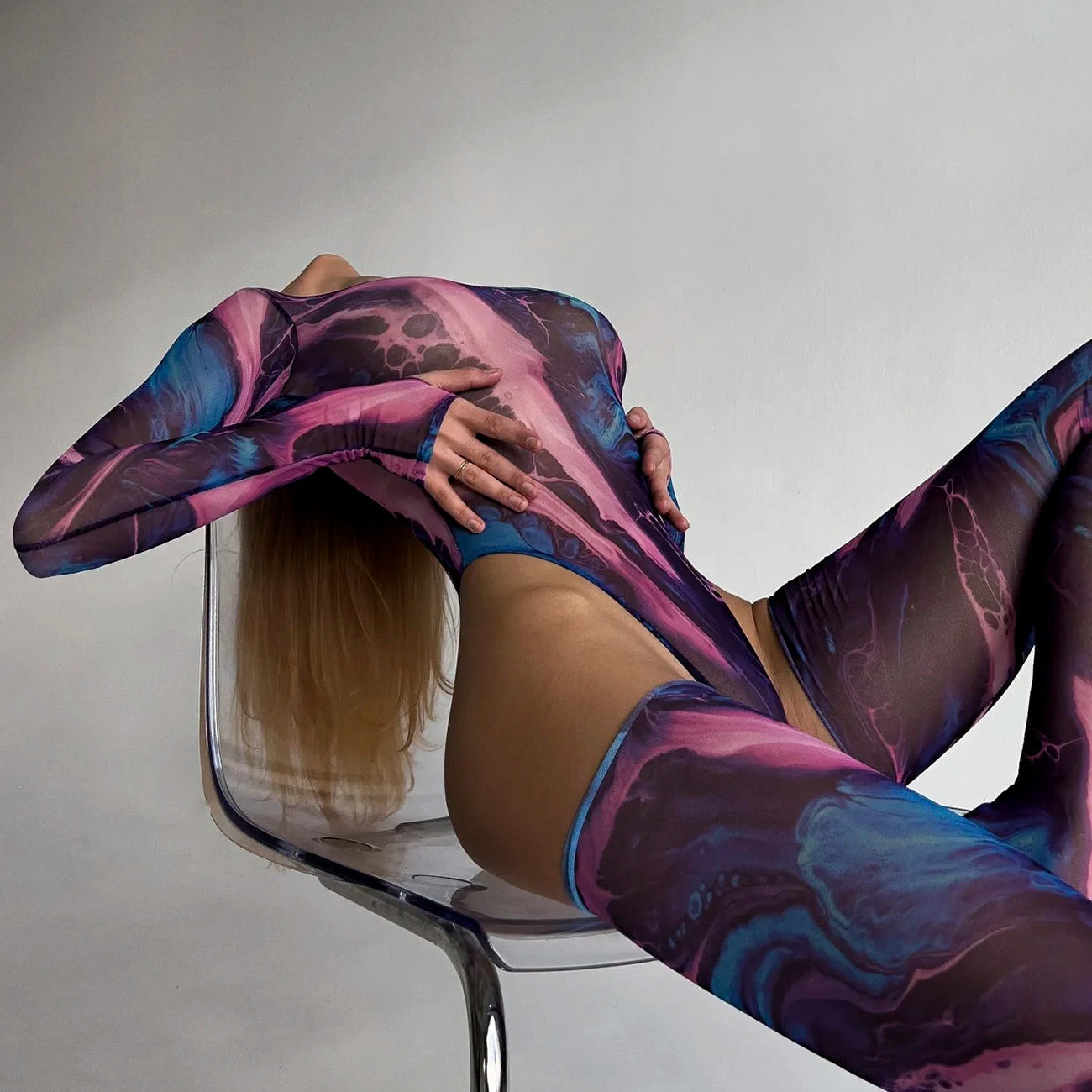 Tie Dye Bodysuit Long Sleeve Lingerie Body Uncensored Tight Fitting Woman Crotchless Mesh  Tops See Through Outfit