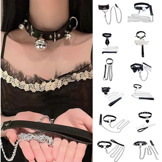 2PCS  Handmade Leather Neck Collar Choker with O-ring and Chain Leash Adjustable Roleplay Accessory Love Necklace for Couple