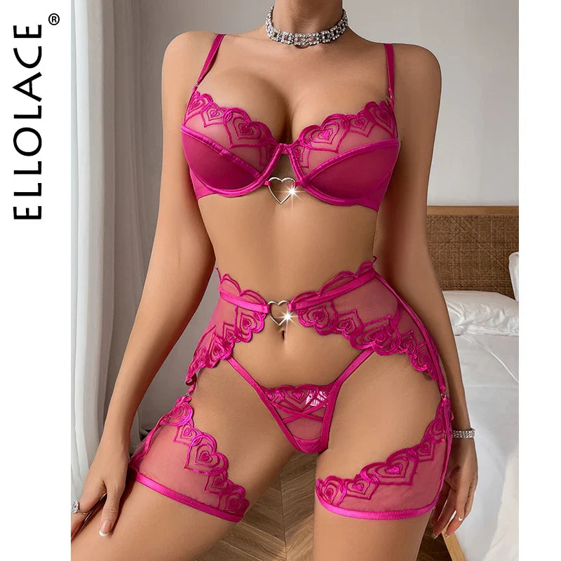 Ellolace Sexy Lingеrie Set Love Embroidery Transparent Seductive Ensemble Lingeries Femmes Push Up Brazilian g-String Underwear