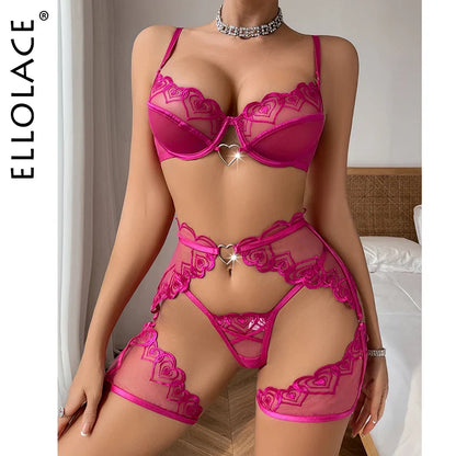 Ellolace Sexy Lingеrie Set Love Embroidery Transparent Seductive Ensemble Lingeries Femmes Push Up Brazilian g-String Underwear