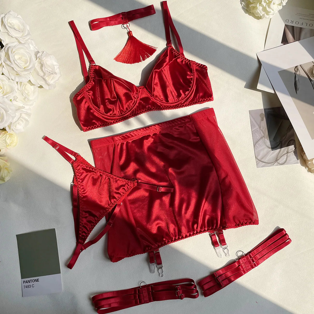 Fine Satin Lingerie  Underwear Lace 5-Piece  Seamless Intimate Uncensored Skirt Fancy Bra And Panty Outfits