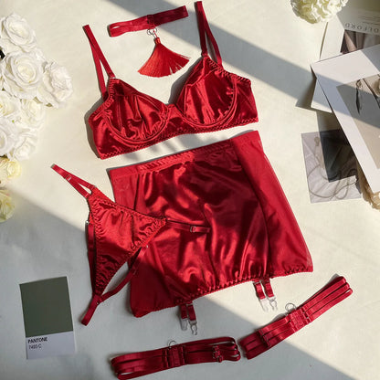 Fine Satin Lingerie  Underwear Lace 5-Piece  Seamless Intimate Uncensored Skirt Fancy Bra And Panty Outfits