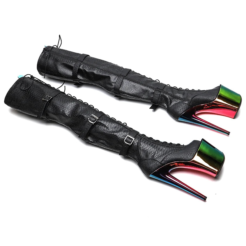 20CM/8inches Snake PU Upper Open Toe  With Colorful Electroplate High Heel Platform Boots Pole Dance Boots