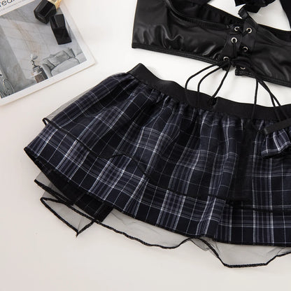 Ellolace Plaid Porn Sexy Lingerie Layered Skirt Cosplay Sexy Peekaboo Bra Sets Latex Lace Up Sissy Costumes Seductive Underwear