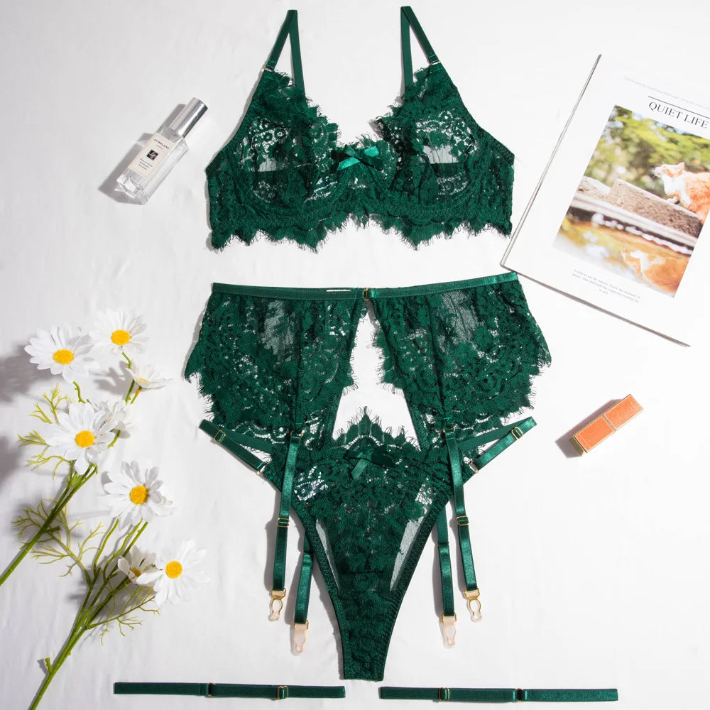Lingerie Hunter Green Female Underwear See Through Set Woman 3 Pieces Seamless Bra And Panty Garters Intimate