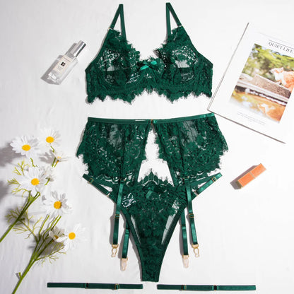 Lingerie Hunter Green Female Underwear See Through Set Woman 3 Pieces Seamless Bra And Panty Garters Intimate