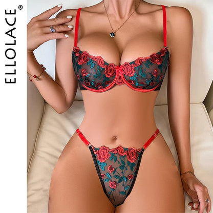 Ellolace Floral Lingerie Luxury Underwear Set For Women Lace Push Up See Through Suckers Lace Intimate Bra And Brazilian Outfits