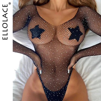 Ellolace Off Shoulder Fishnet Bodystocking Sexy Transparent Glitter Long Sleeve Bodysuit See Through Exotic Costumes Porn Tights