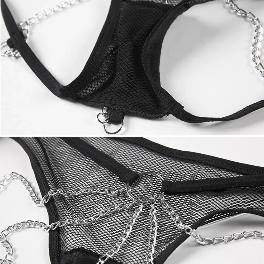 Sexy Lingerie Women Panties Metal Chain Thong Open Crotch G-strings Thongs Black Underwear for Women Novelty Lace Pantys 2024