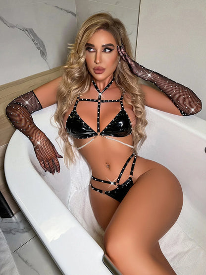 Sexy Latex Lingerie With Pearl Set Woman 3 Pieces  Thongs Black Leather Intimate Set Luxury Exotic Underwear