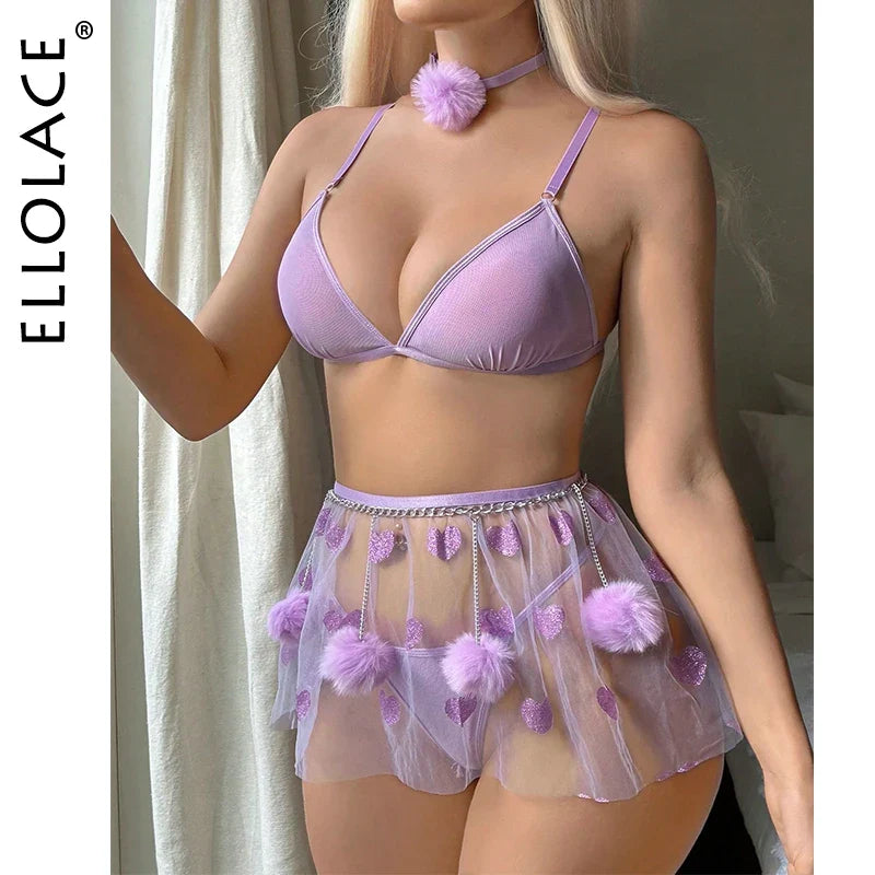 Ellolace Hairballs Sexy Lingerie 5-Piece Appliques Mesh Exotic Sets With Choker Wireless Bra Garter Belt Fairy OnlyFans Outfits