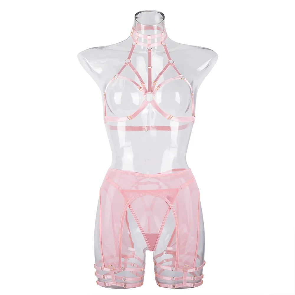 Sensual Lingerie Hollow Bra  Woman Without Censorship Light Pink  Costume Halter y Bilizna Set Of