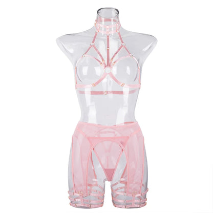 Sensual Lingerie Hollow Bra  Woman Without Censorship Light Pink  Costume Halter y Bilizna Set Of