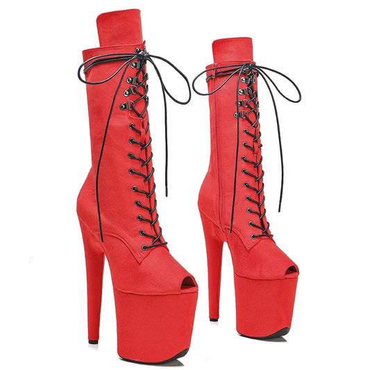 RED Suede 20CM Pole dancing shoes High Heel platform Boots open toe Pole Dance boot