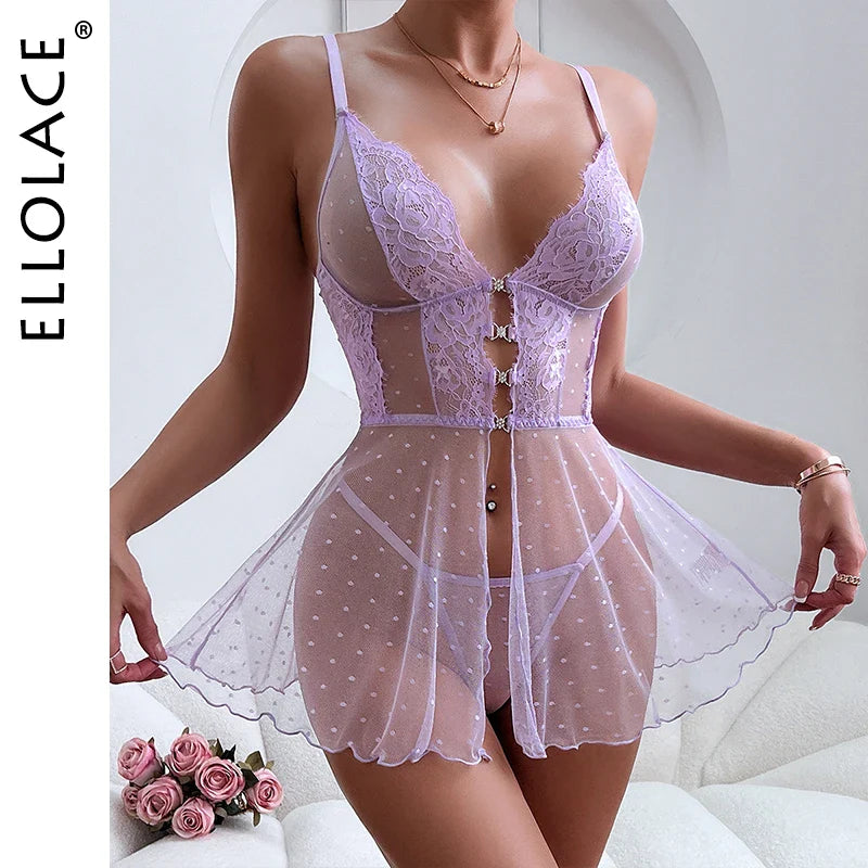Ellolace Lace Nightdress Fantasy Erotic Suit Transparent Body Sexy Costume See-Through G-String Sissy Sex Suit Sexy Erotic Fun