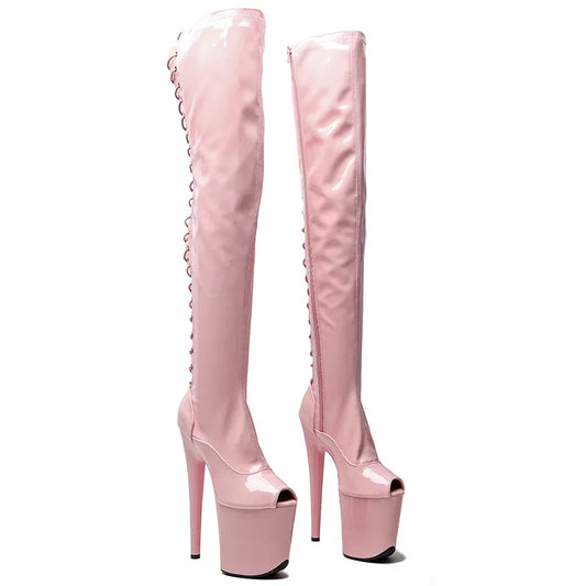 20cm/8inches Patent  Leather  Extreme High Heels Platform Boots Lace Up y Pole Dancing   thigh high boots  5K