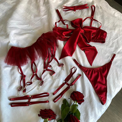 Fantasy Lingerie Bowknot Open Bra Silk Underwear Ruffle Hot y  Underwear Valentine  Intimate Outfits