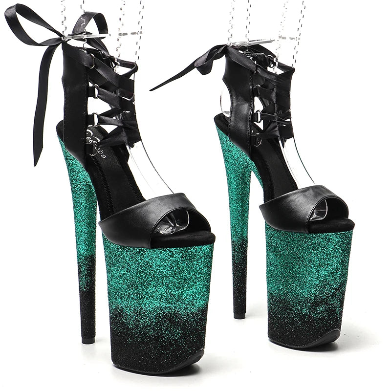 23CM/9inches Matte PU Open Toe Glitter Platform y High Heels Sandals Pole Dance Shoes