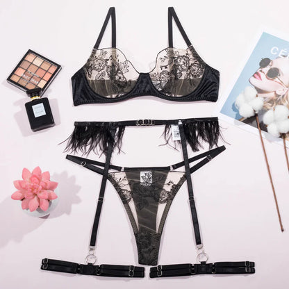 Ellolace Feather Sensual Lingerie Floral Embroidery Underwear Uncensored Sheer Lace Exotic Set Garters Seamless Sissy Outfit