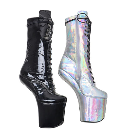 shinny   Black with silver  PU Upper  Platform Ankle Boots y Exotic heelless pole dance shoes