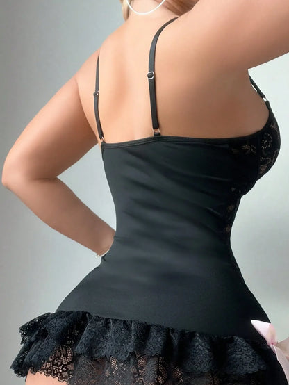 Ellolace Sexy Lace Ruffle Dress Bodycon Sets 3 Pieces With Stocking Bowknot Youth Woman Body Music Festivals
