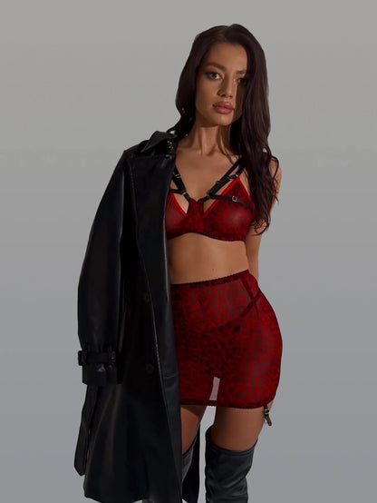 Tenue Lingerine Léopard Rouge Sous-Vêtements Noirs Dentelle Costume Transparent Costumes Sexy Bretelles Intime 