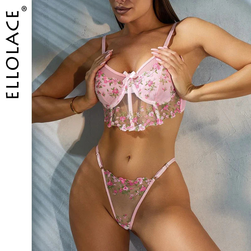 Ellolace Delicate French Underwear Fairy Floral Lingerie Sexy Lace Outfits See Through Exotic Sets Embroidery Romantic Set