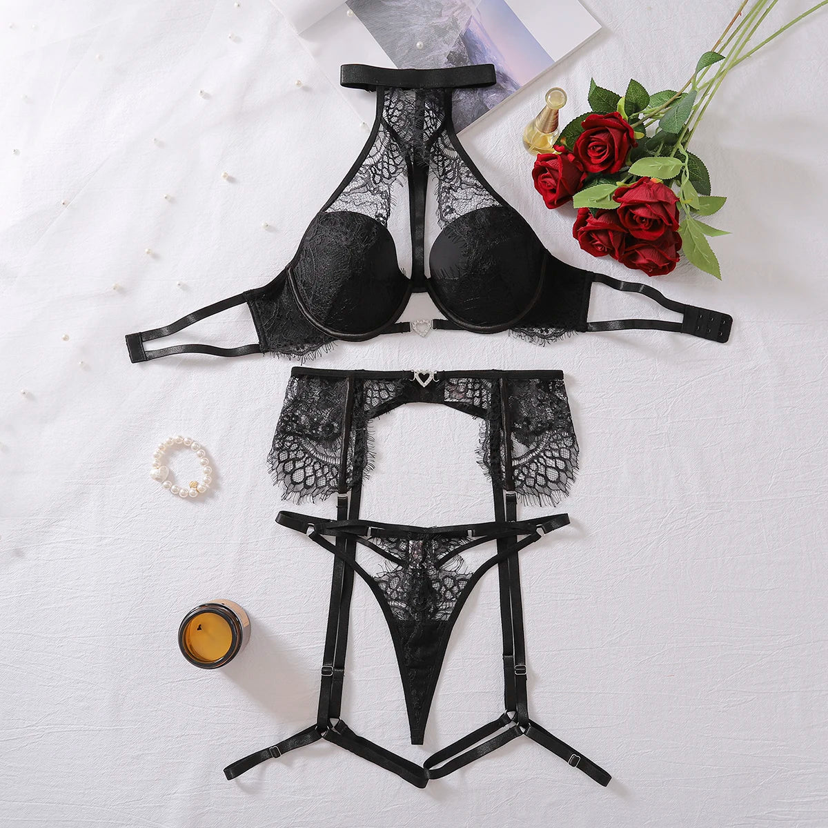 Ellolace Sexy Lingerie Halter Bra Onlyfans Kit Fantasy Bilizna Set Push Up Matching Garter Belt Set G-String Thong Intimate