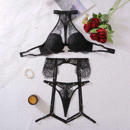 Ellolace Sexy Lingerie Halter Bra Onlyfans Kit Fantasy Bilizna Set Push Up Matching Garter Belt Set G-String Thong Intimate