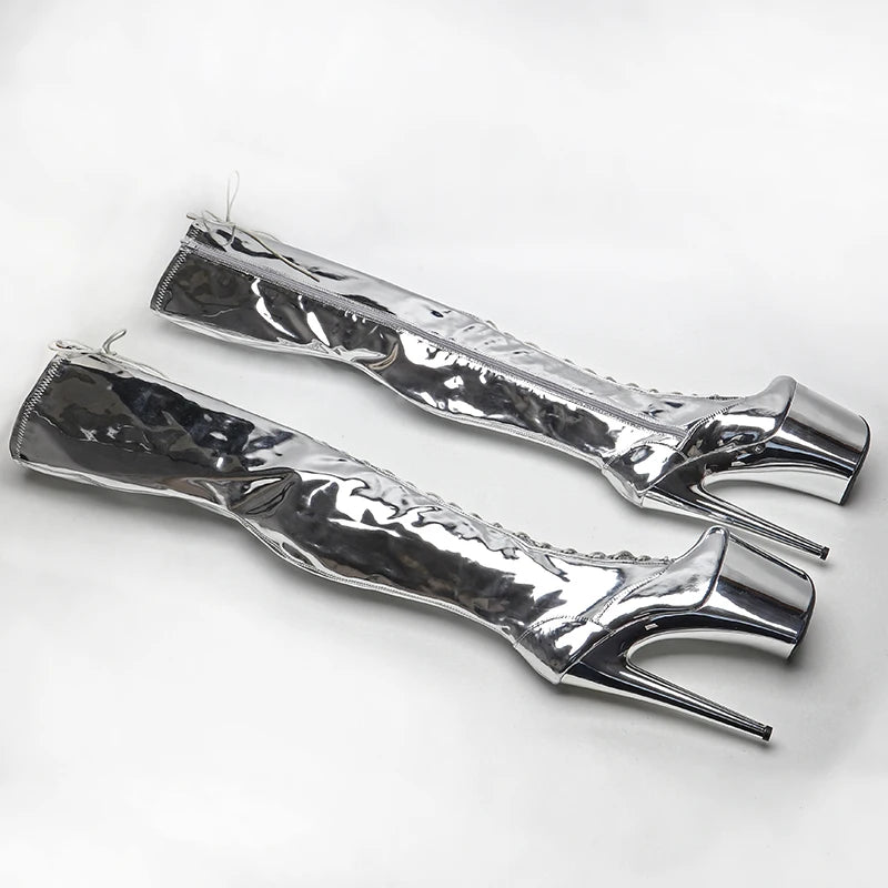 20CM/8inches Shiny PU  Upper Exy Exotic Young Trend Fashion  Boots High Heel  Electroplate  Platform Pole Dance Boot