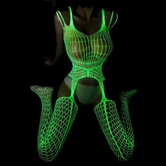 Glow in The Dark Fishnet  Bodysuit Women  Lingerie Open Crotch Bodystockings Party Club Luminous  Clothes