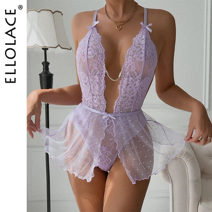 Ellolace Sexy Lingerie Fetish Babydoll Transparent Fantasy Clothing Lavender Erotic Costume Deep-V Sex Adult Doll Foul Tights